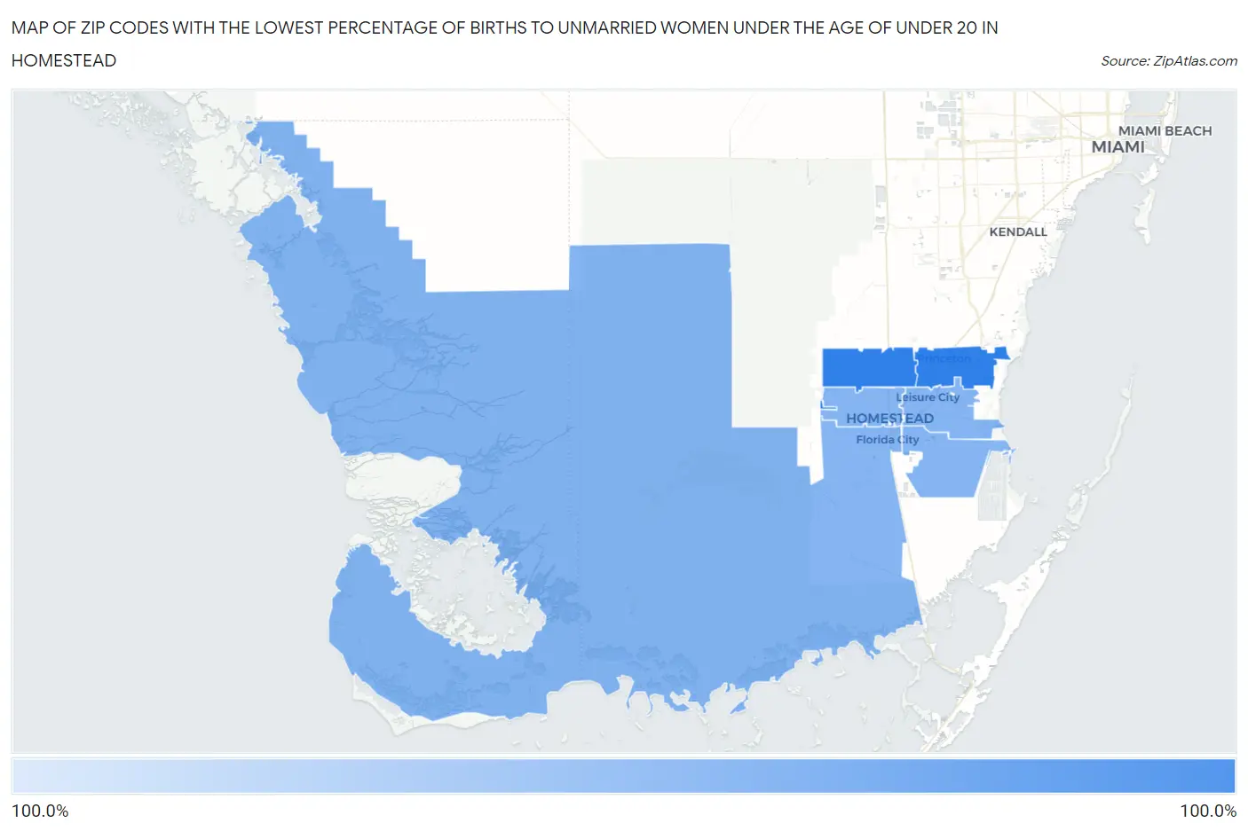 Zip Codes with the Lowest Percentage of Births to Unmarried Women under the Age of under 20 in Homestead Map