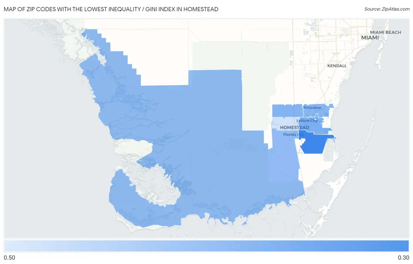 Zip Codes with the Lowest Inequality / Gini Index in Homestead Map