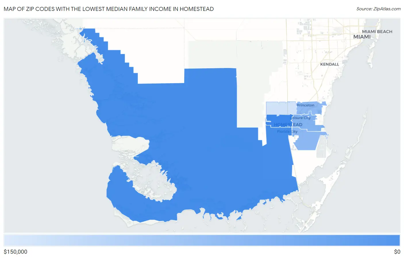 Zip Codes with the Lowest Median Family Income in Homestead Map