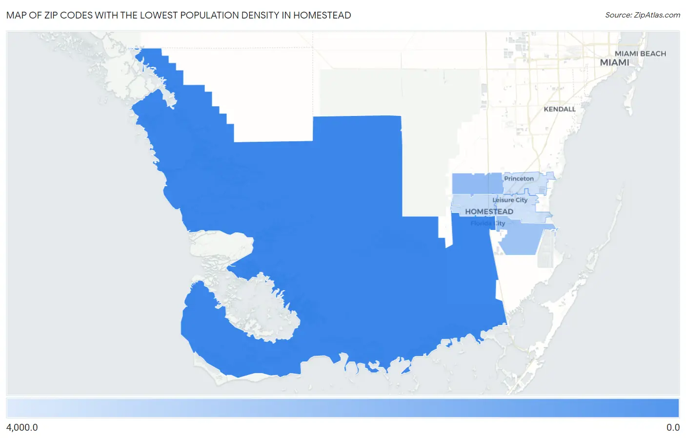 Zip Codes with the Lowest Population Density in Homestead Map