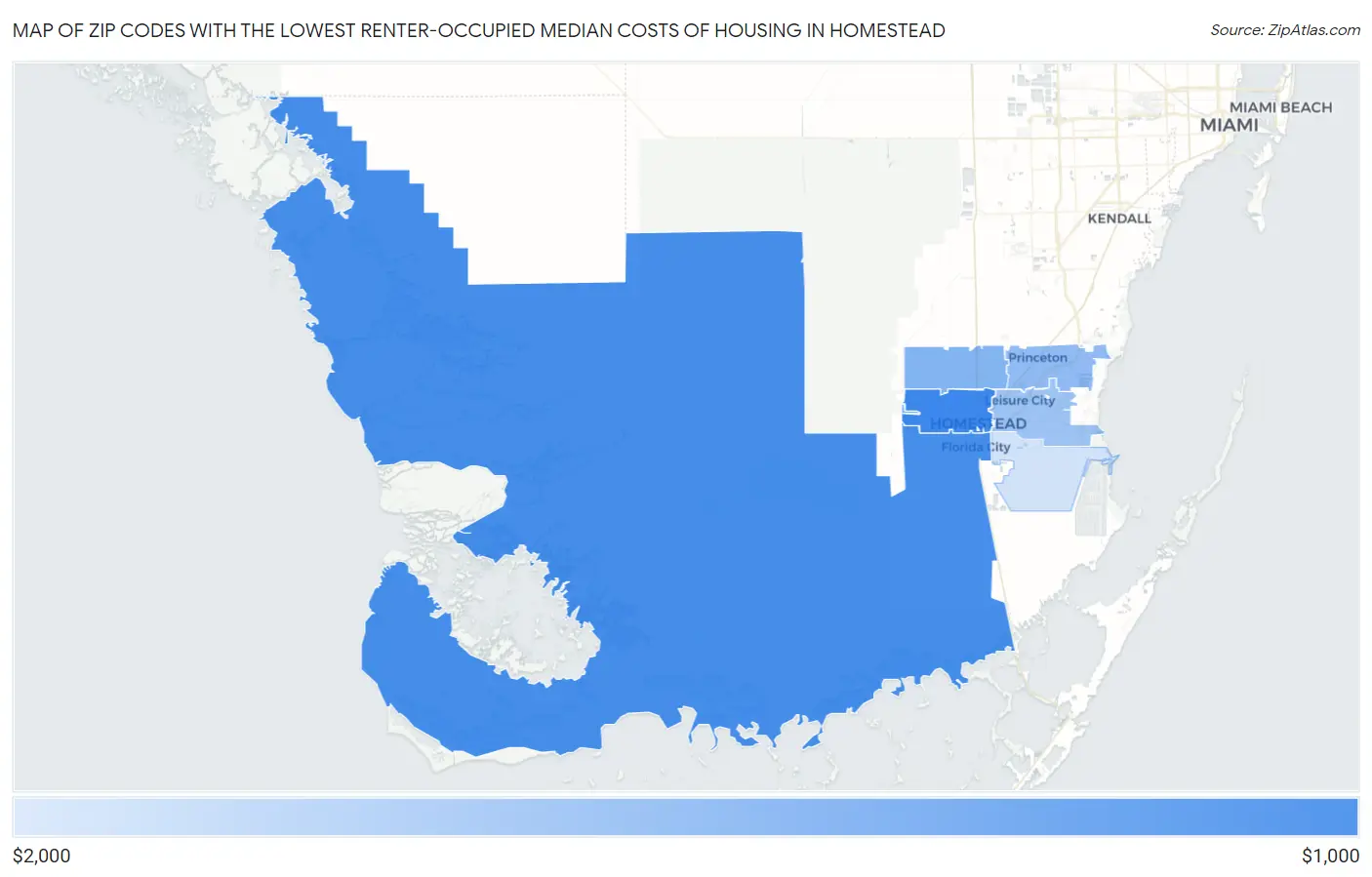 Zip Codes with the Lowest Renter-Occupied Median Costs of Housing in Homestead Map
