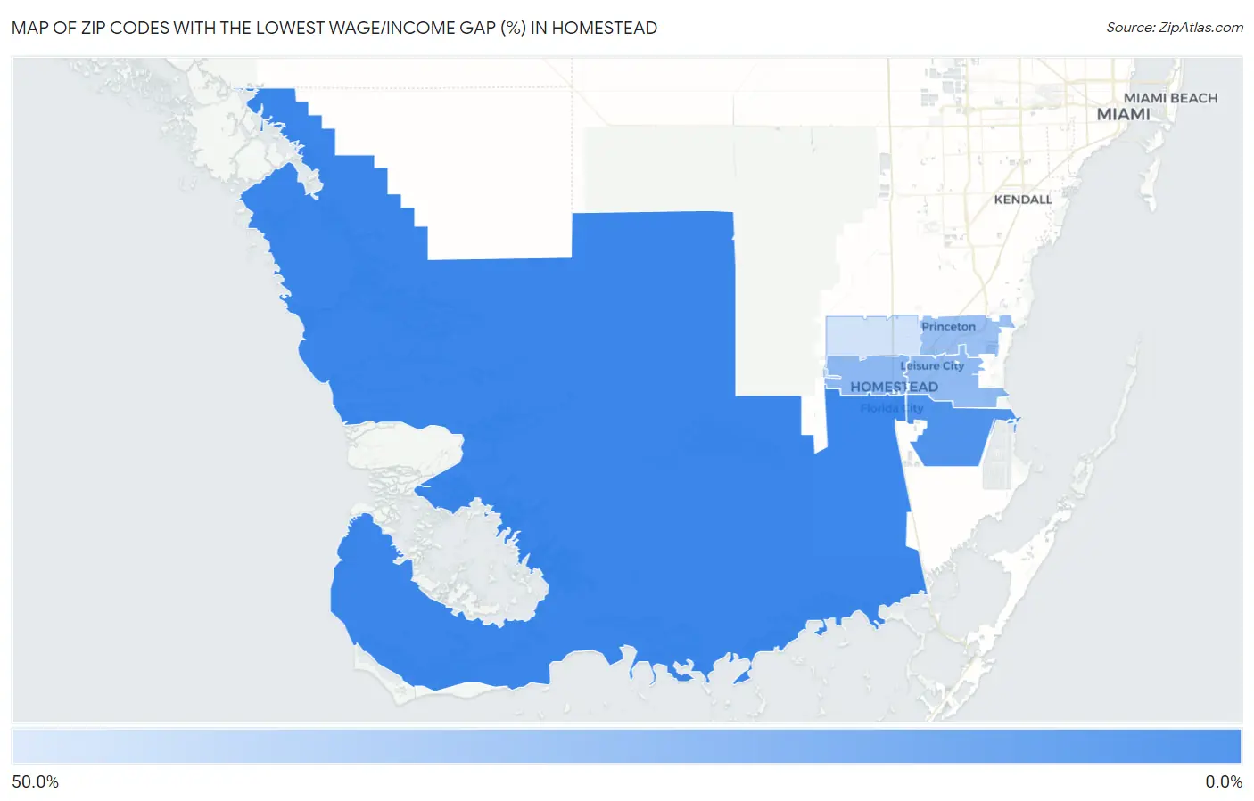 Zip Codes with the Lowest Wage/Income Gap (%) in Homestead Map