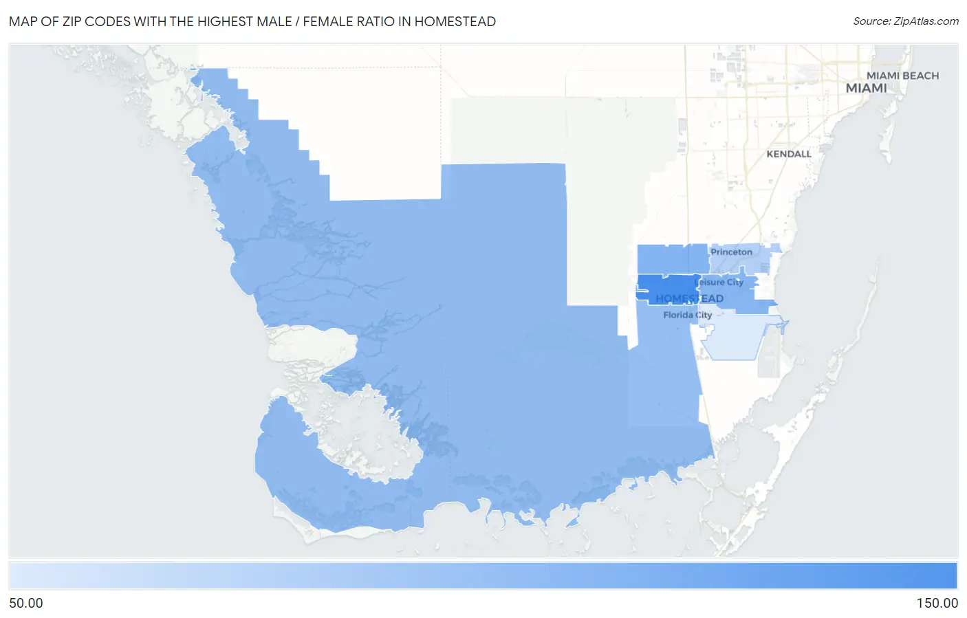 Zip Codes with the Highest Male / Female Ratio in Homestead Map