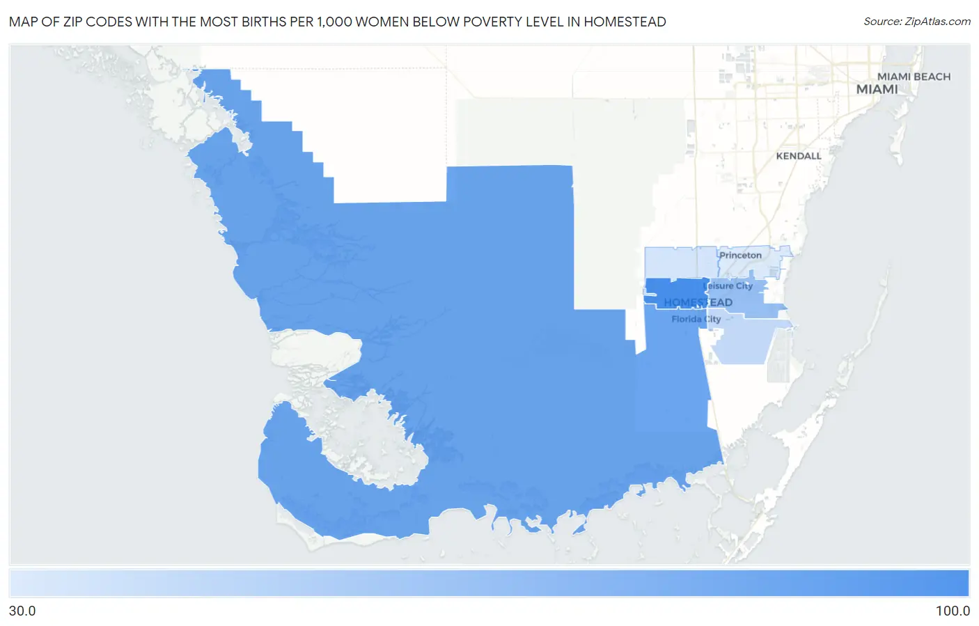 Zip Codes with the Most Births per 1,000 Women Below Poverty Level in Homestead Map