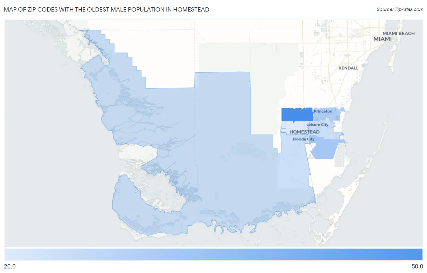Zip Codes with the Oldest Male Population in Homestead Map