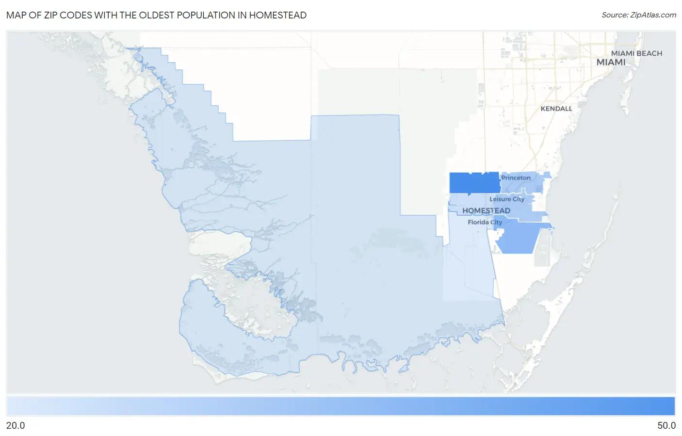 Zip Codes with the Oldest Population in Homestead Map