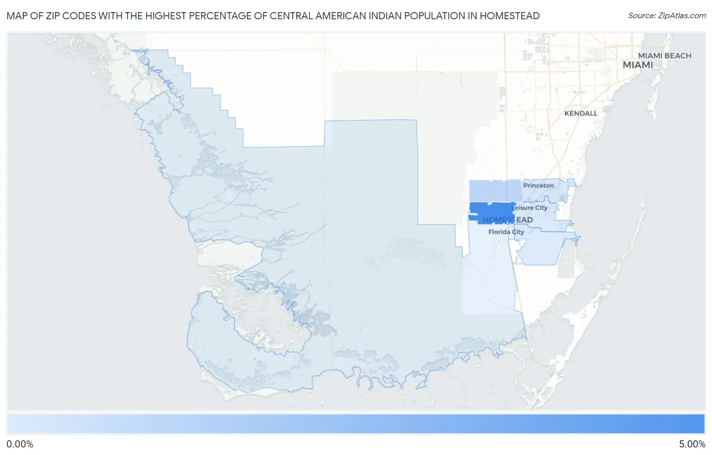 Zip Codes with the Highest Percentage of Central American Indian Population in Homestead Map