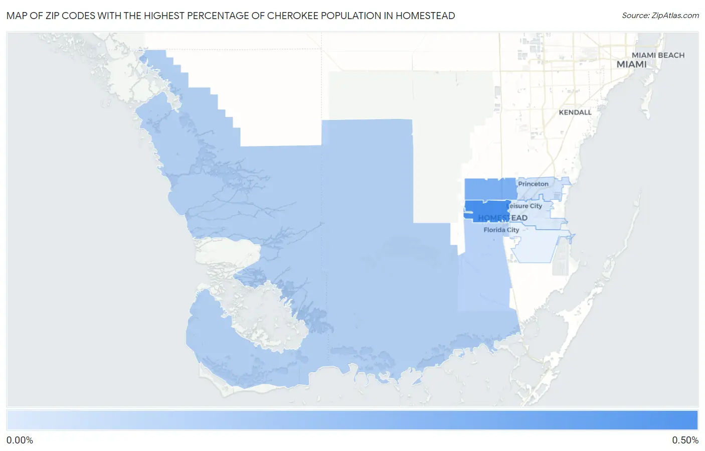 Zip Codes with the Highest Percentage of Cherokee Population in Homestead Map
