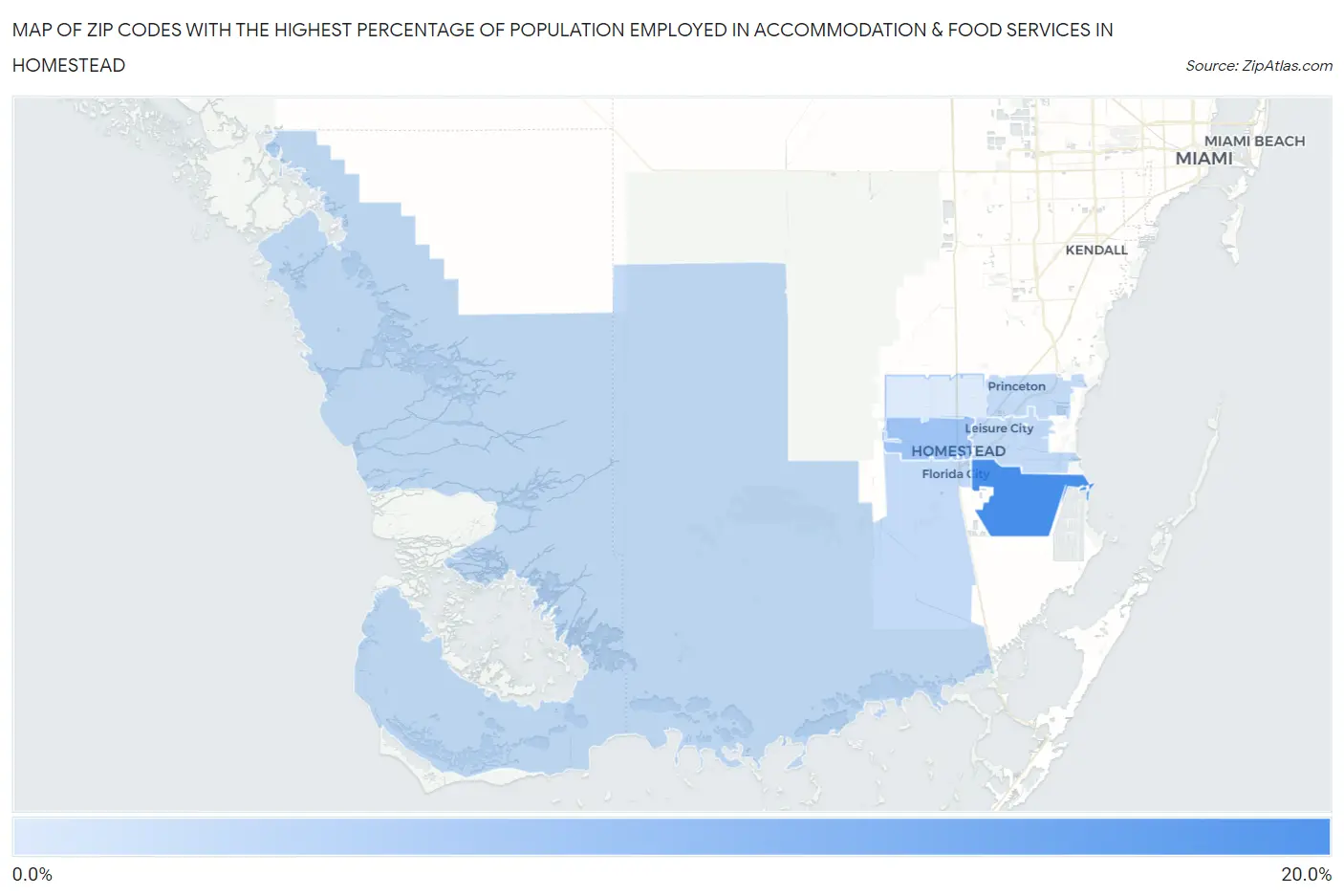 Zip Codes with the Highest Percentage of Population Employed in Accommodation & Food Services in Homestead Map
