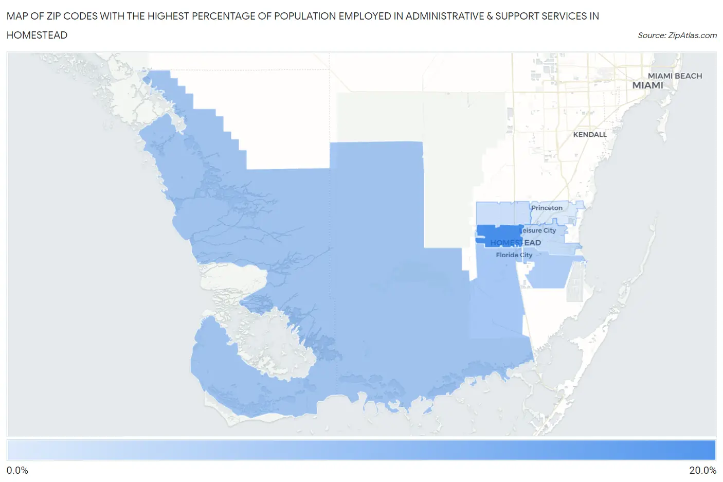 Zip Codes with the Highest Percentage of Population Employed in Administrative & Support Services in Homestead Map