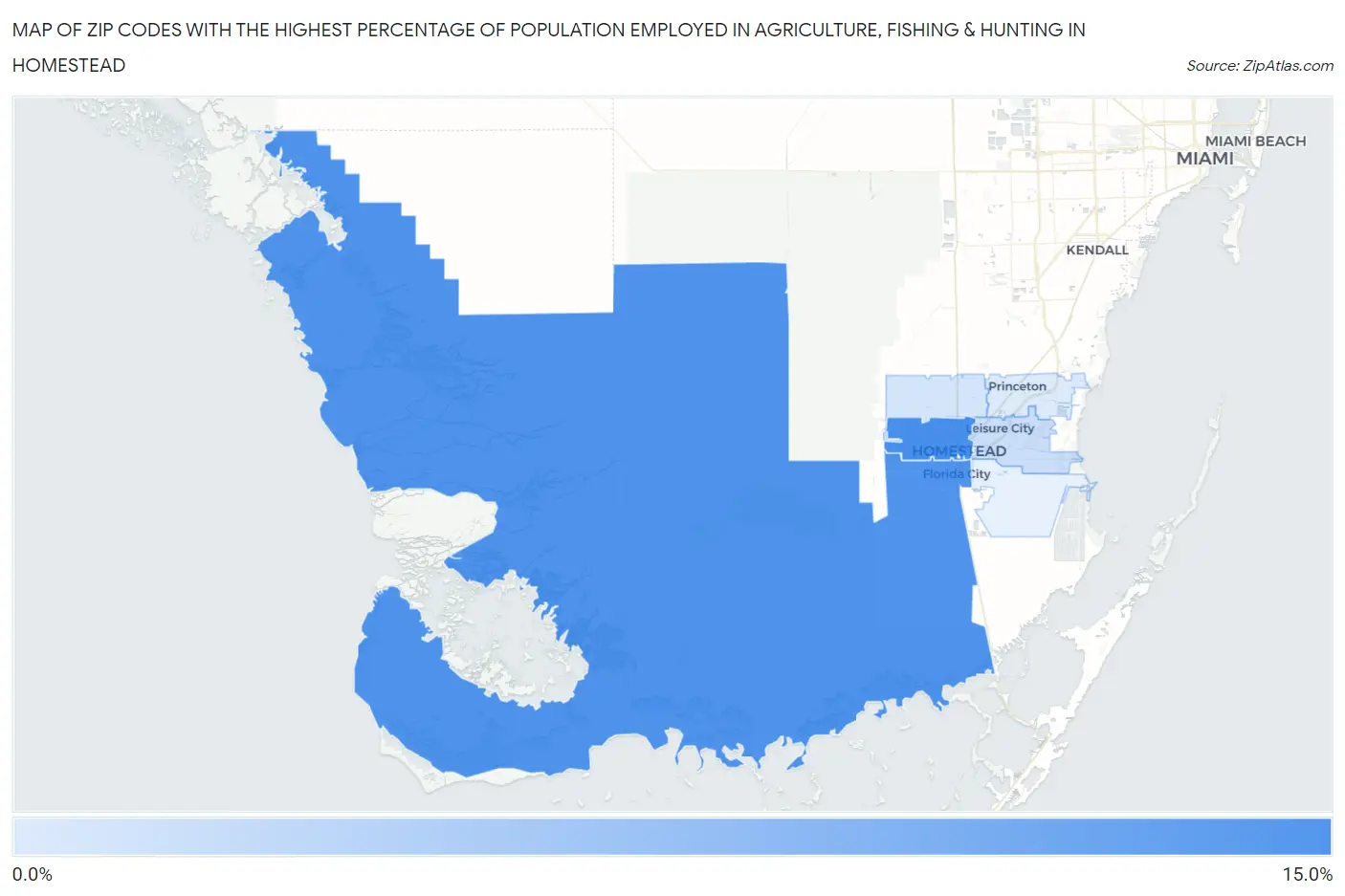Zip Codes with the Highest Percentage of Population Employed in Agriculture, Fishing & Hunting in Homestead Map