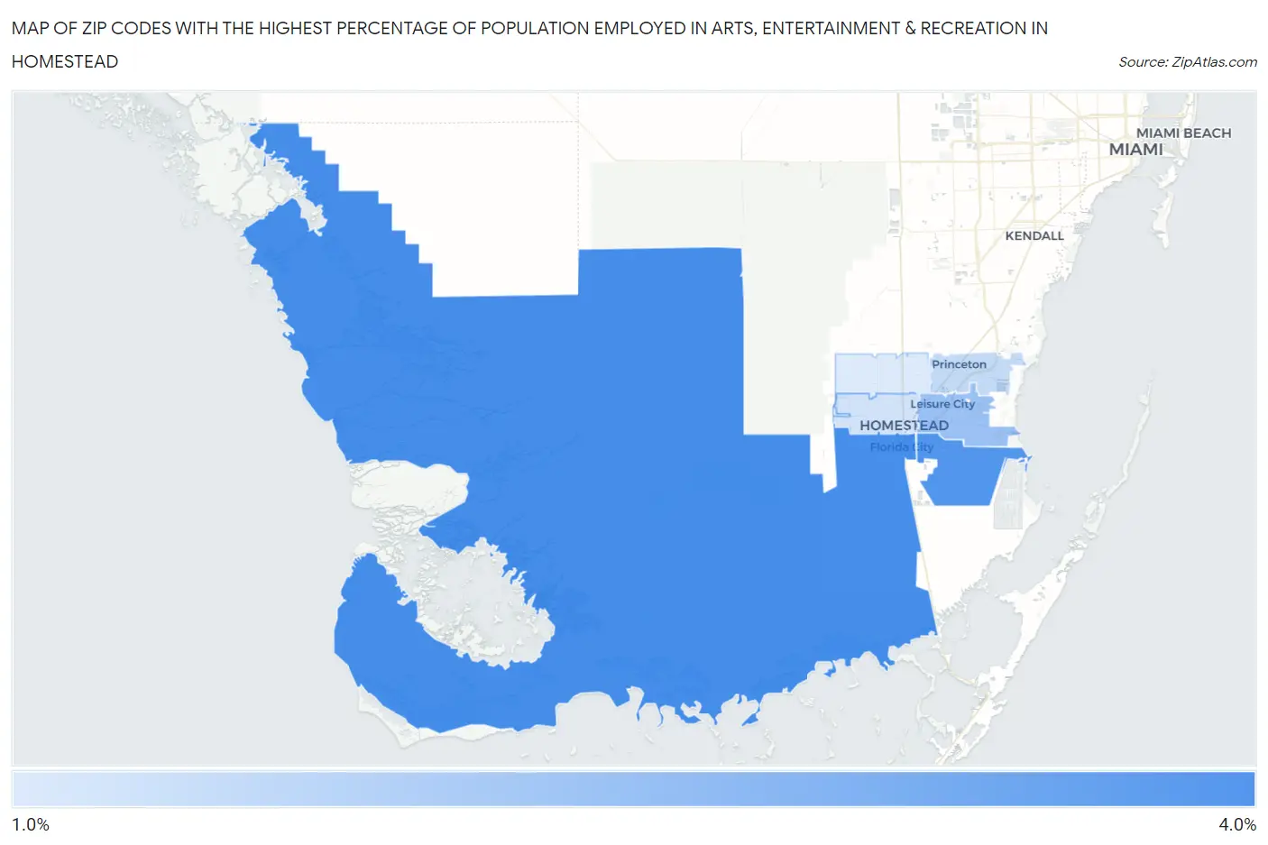 Zip Codes with the Highest Percentage of Population Employed in Arts, Entertainment & Recreation in Homestead Map