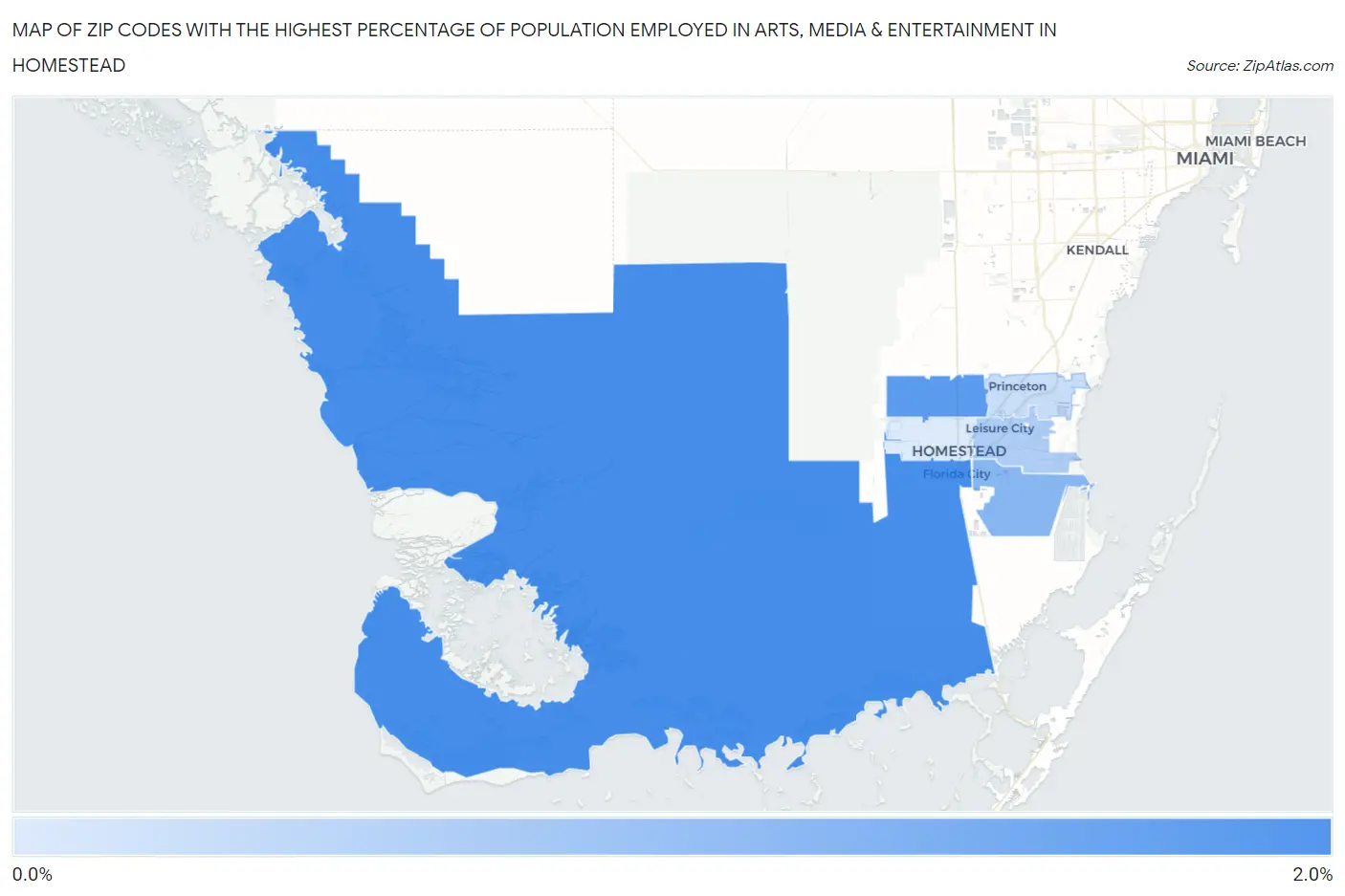 Zip Codes with the Highest Percentage of Population Employed in Arts, Media & Entertainment in Homestead Map