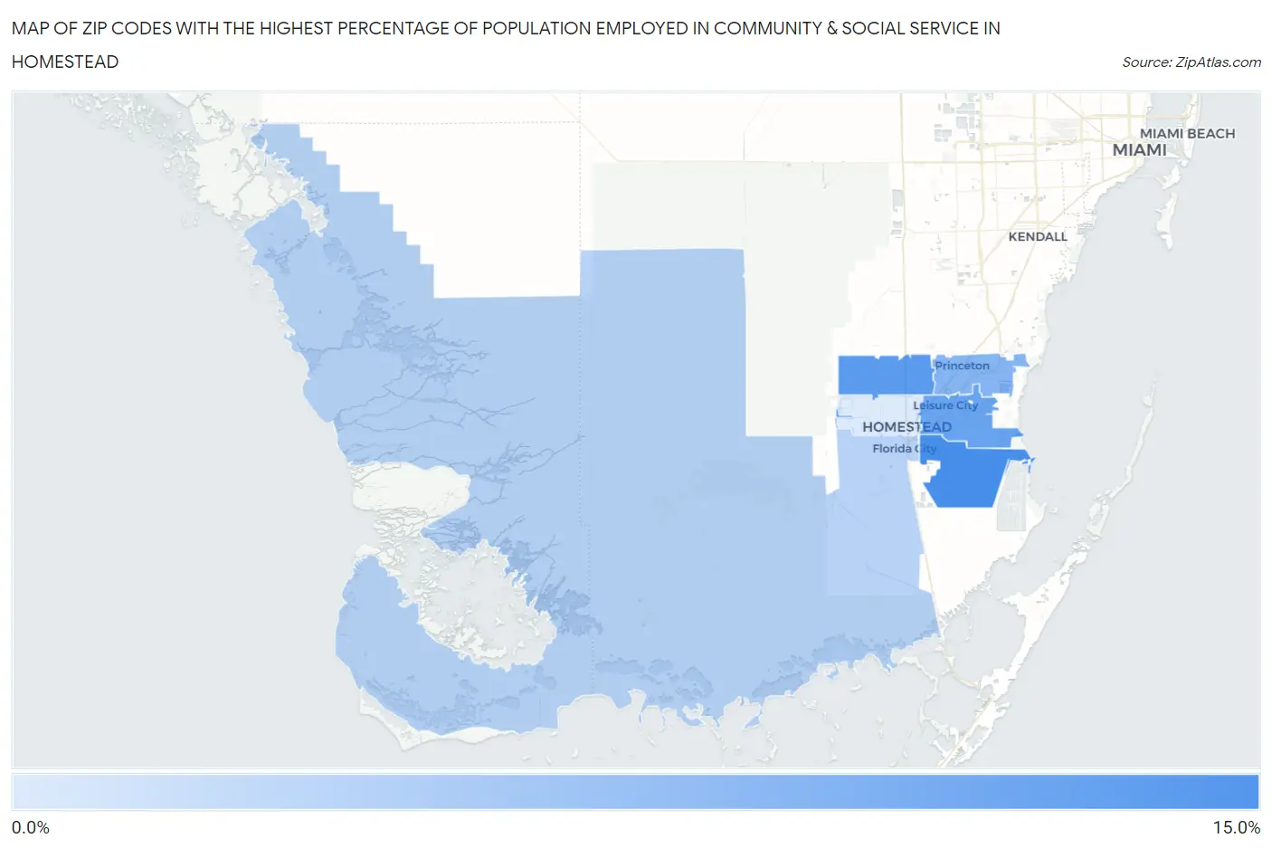 Zip Codes with the Highest Percentage of Population Employed in Community & Social Service  in Homestead Map