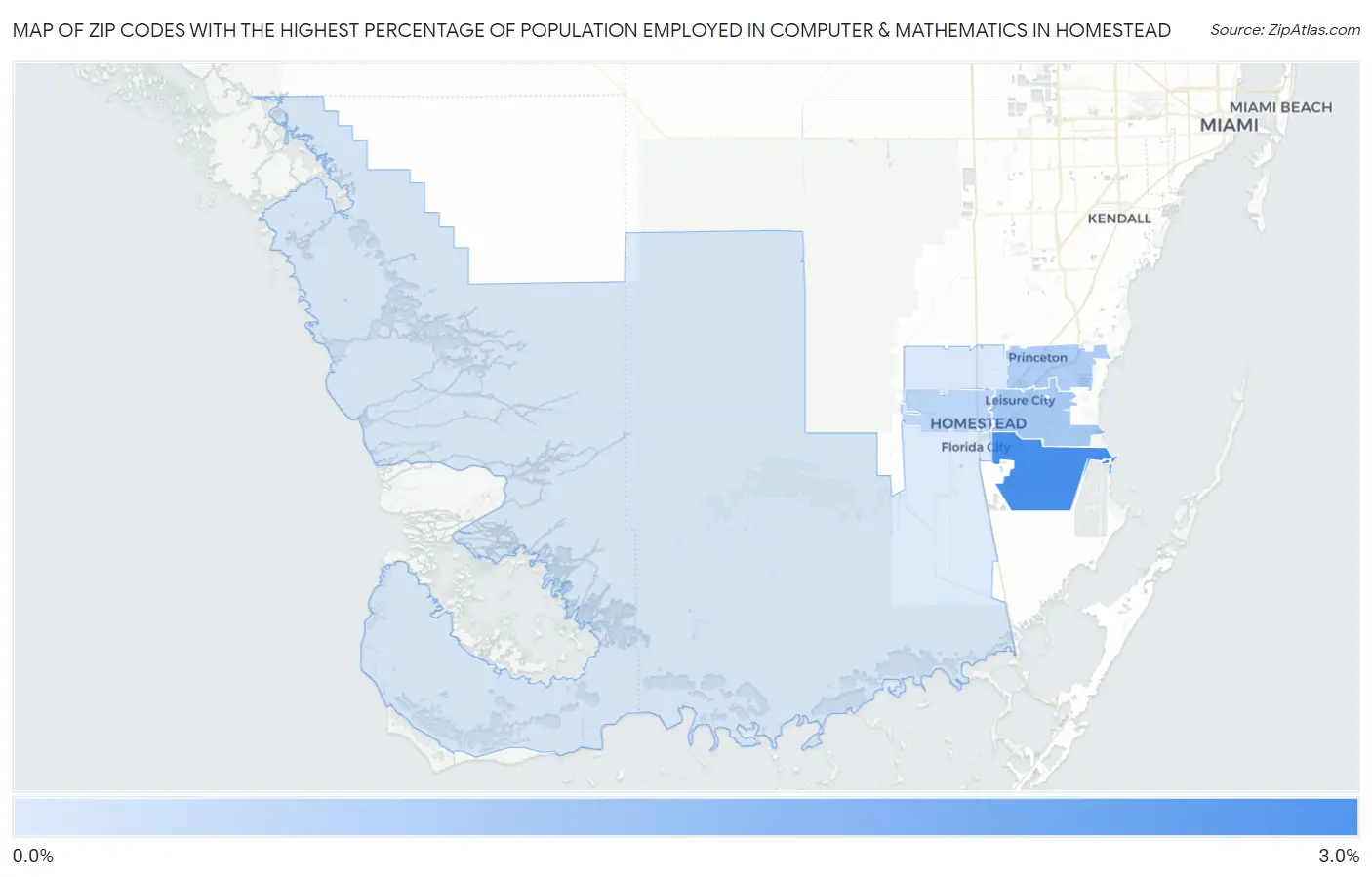 Zip Codes with the Highest Percentage of Population Employed in Computer & Mathematics in Homestead Map