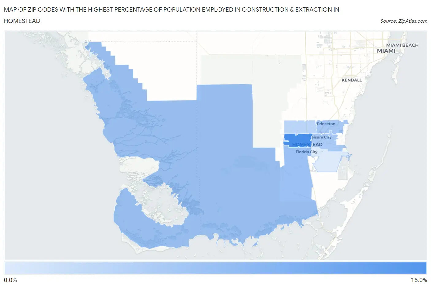 Zip Codes with the Highest Percentage of Population Employed in Construction & Extraction in Homestead Map