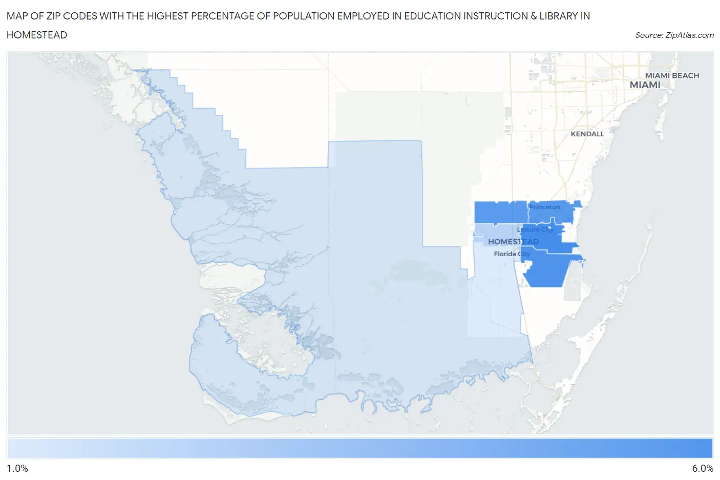 Zip Codes with the Highest Percentage of Population Employed in Education Instruction & Library in Homestead Map