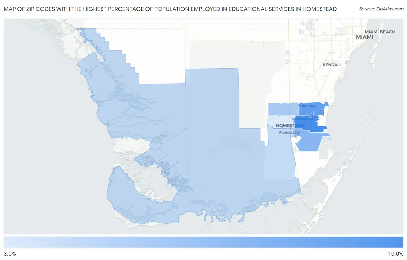 Zip Codes with the Highest Percentage of Population Employed in Educational Services in Homestead Map