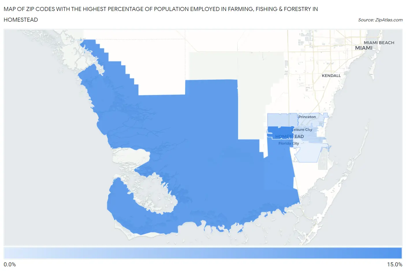 Zip Codes with the Highest Percentage of Population Employed in Farming, Fishing & Forestry in Homestead Map