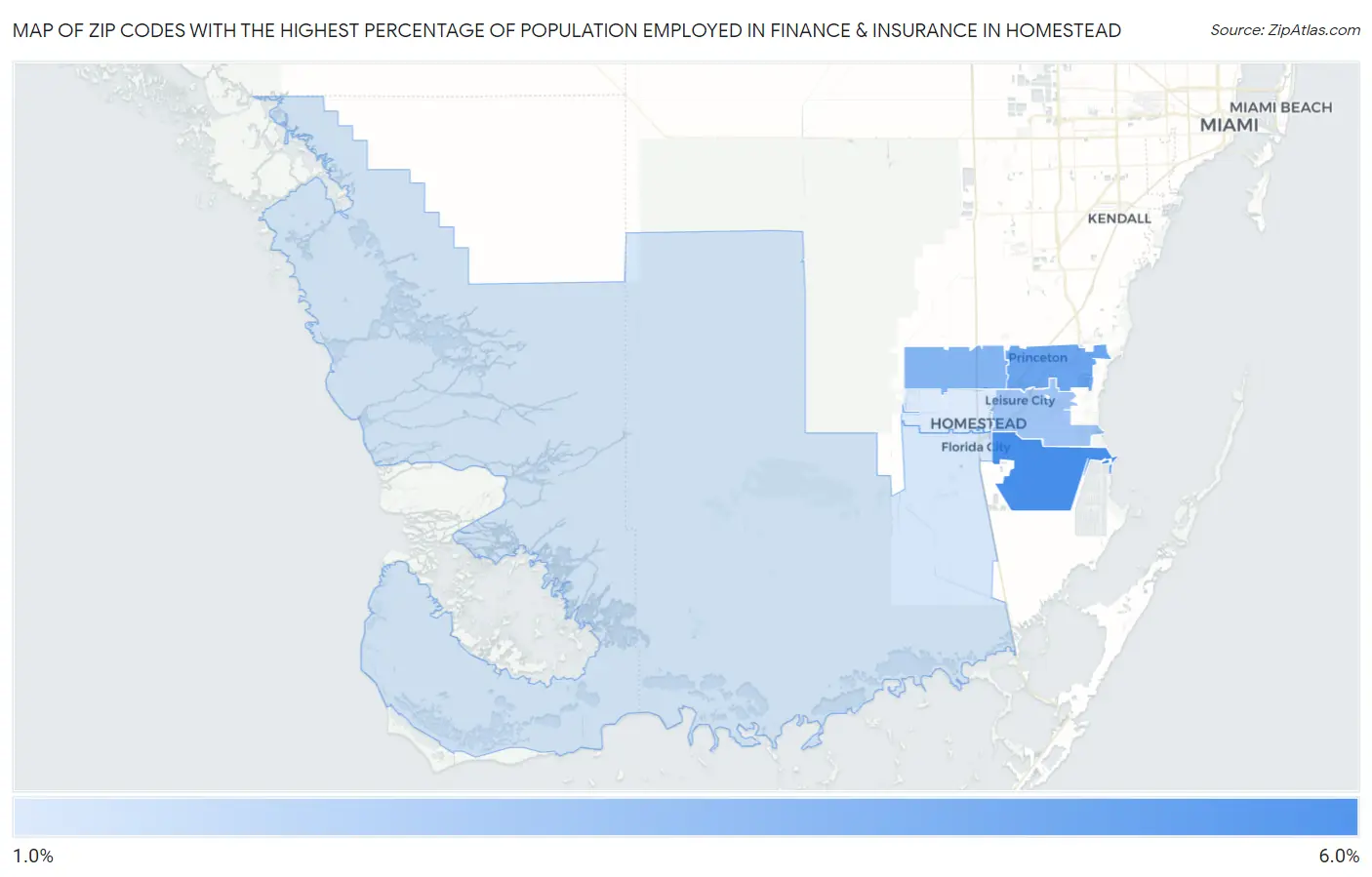 Zip Codes with the Highest Percentage of Population Employed in Finance & Insurance in Homestead Map