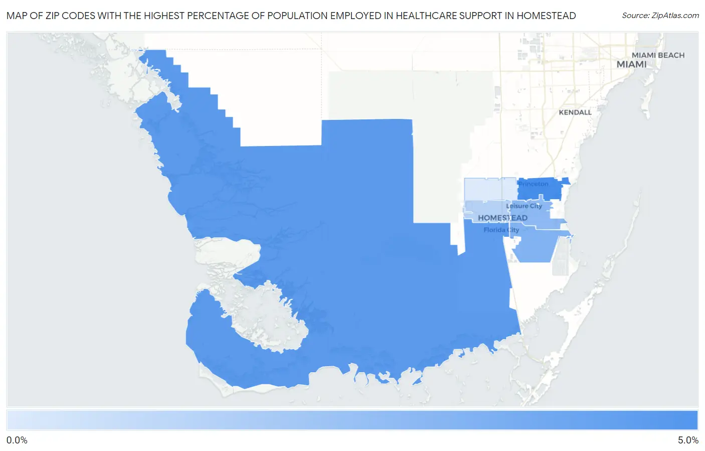 Zip Codes with the Highest Percentage of Population Employed in Healthcare Support in Homestead Map