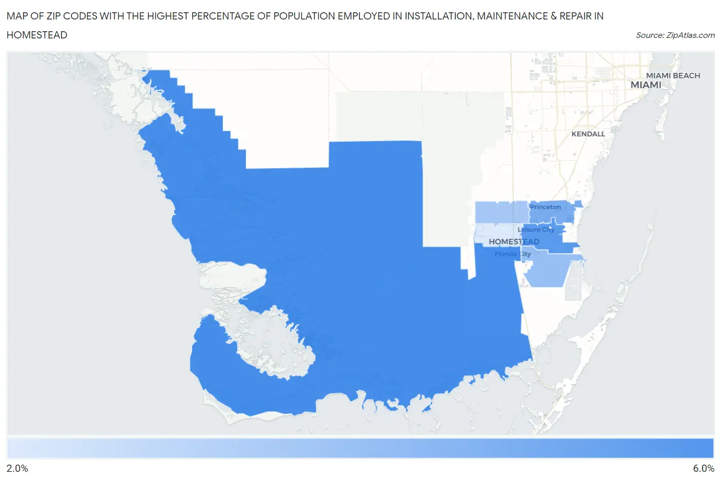 Zip Codes with the Highest Percentage of Population Employed in Installation, Maintenance & Repair in Homestead Map