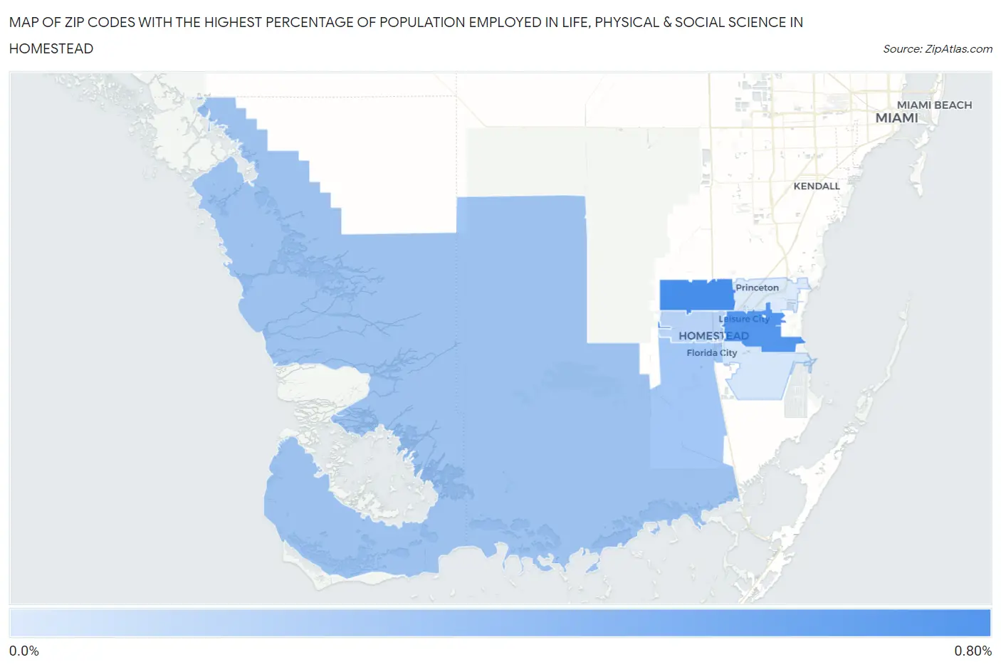Zip Codes with the Highest Percentage of Population Employed in Life, Physical & Social Science in Homestead Map