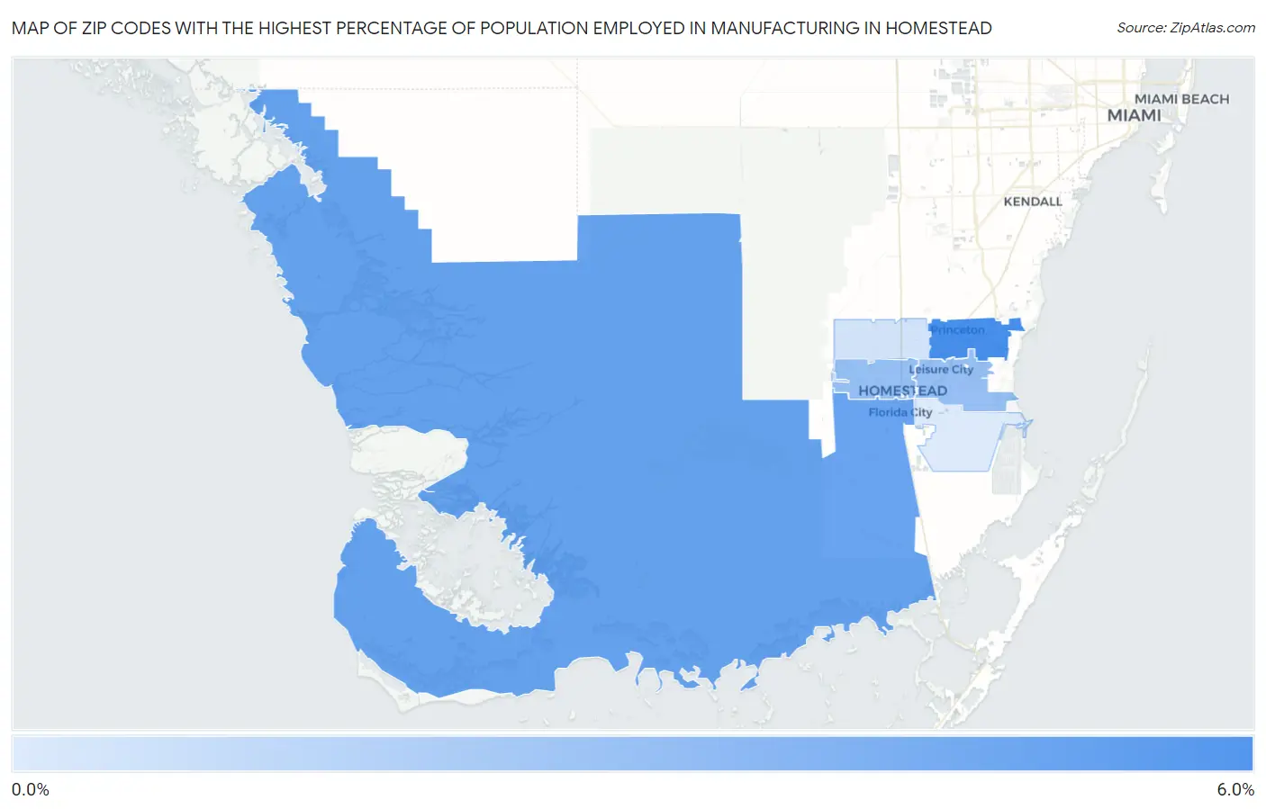Zip Codes with the Highest Percentage of Population Employed in Manufacturing in Homestead Map