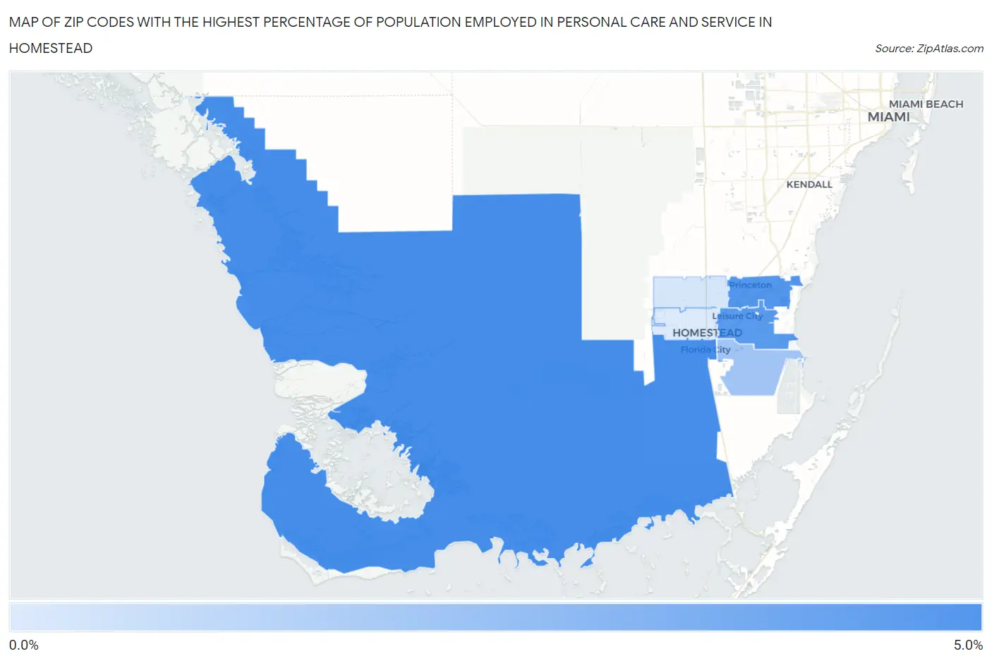 Zip Codes with the Highest Percentage of Population Employed in Personal Care and Service in Homestead Map