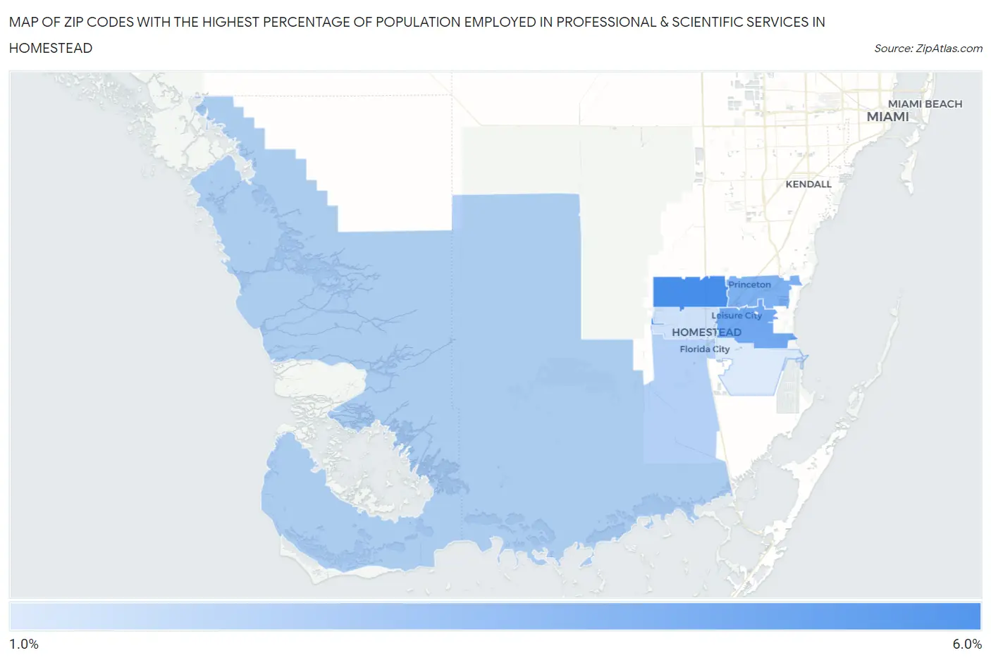 Zip Codes with the Highest Percentage of Population Employed in Professional & Scientific Services in Homestead Map