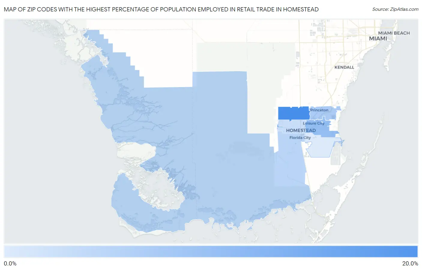 Zip Codes with the Highest Percentage of Population Employed in Retail Trade in Homestead Map