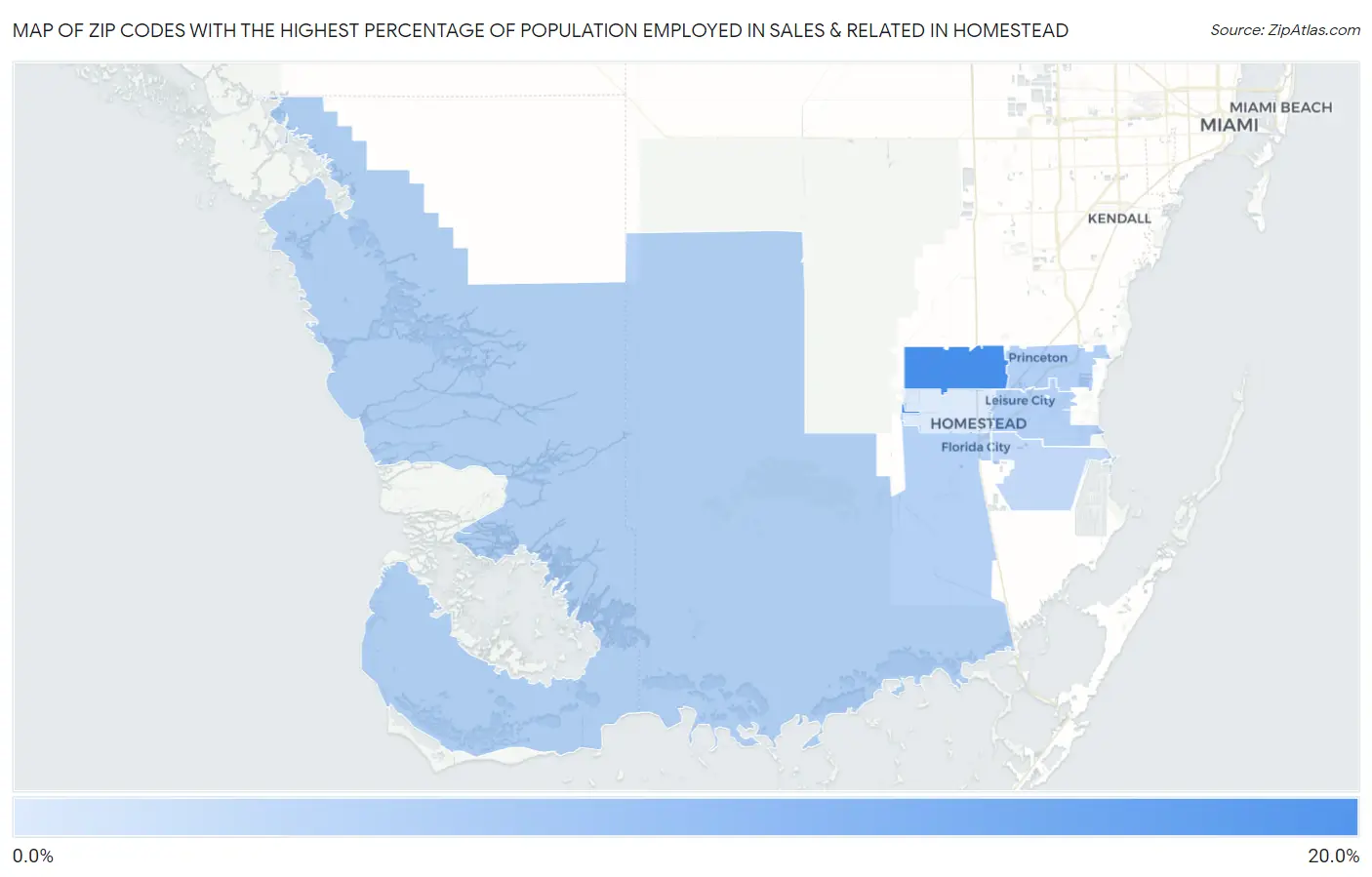 Zip Codes with the Highest Percentage of Population Employed in Sales & Related in Homestead Map