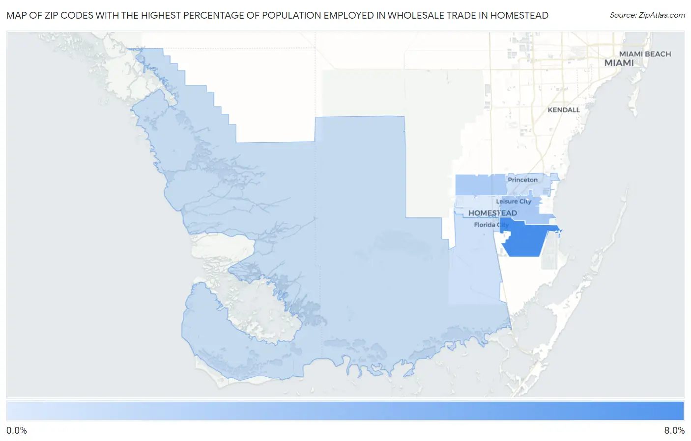 Zip Codes with the Highest Percentage of Population Employed in Wholesale Trade in Homestead Map
