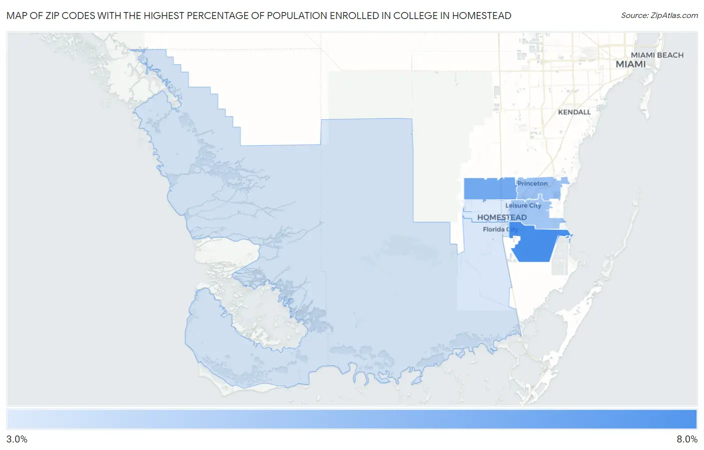 Zip Codes with the Highest Percentage of Population Enrolled in College in Homestead Map