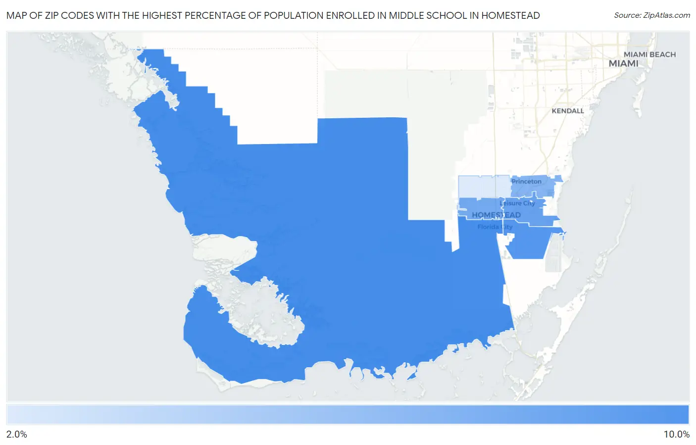 Zip Codes with the Highest Percentage of Population Enrolled in Middle School in Homestead Map