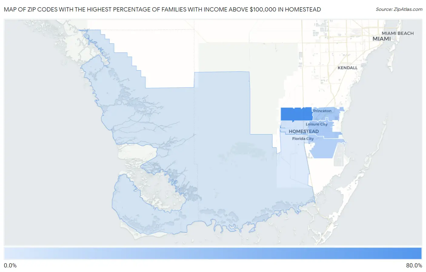 Zip Codes with the Highest Percentage of Families with Income Above $100,000 in Homestead Map