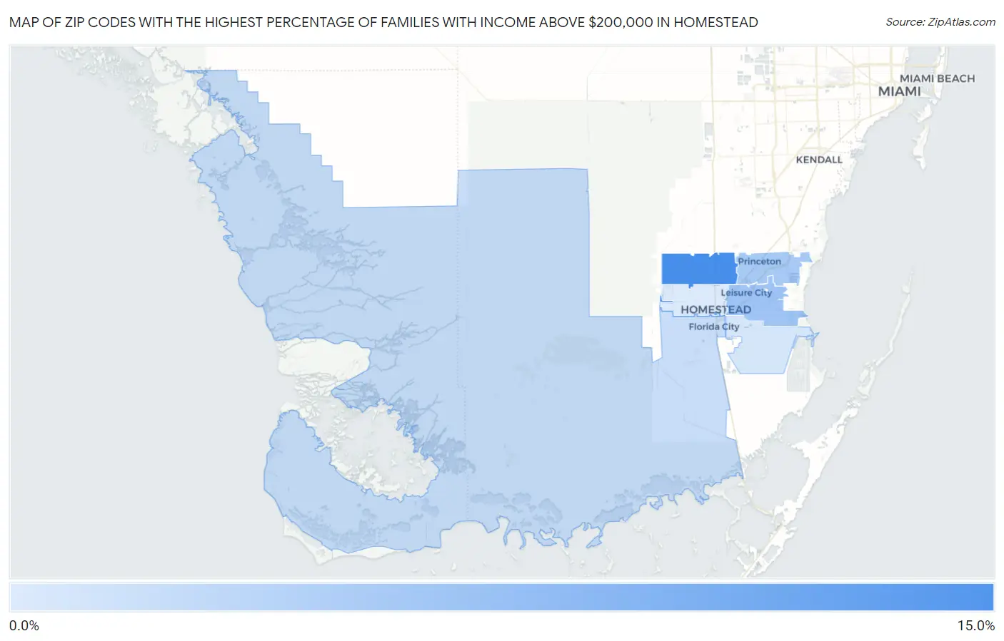 Zip Codes with the Highest Percentage of Families with Income Above $200,000 in Homestead Map