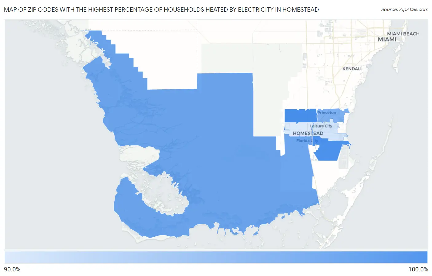 Zip Codes with the Highest Percentage of Households Heated by Electricity in Homestead Map