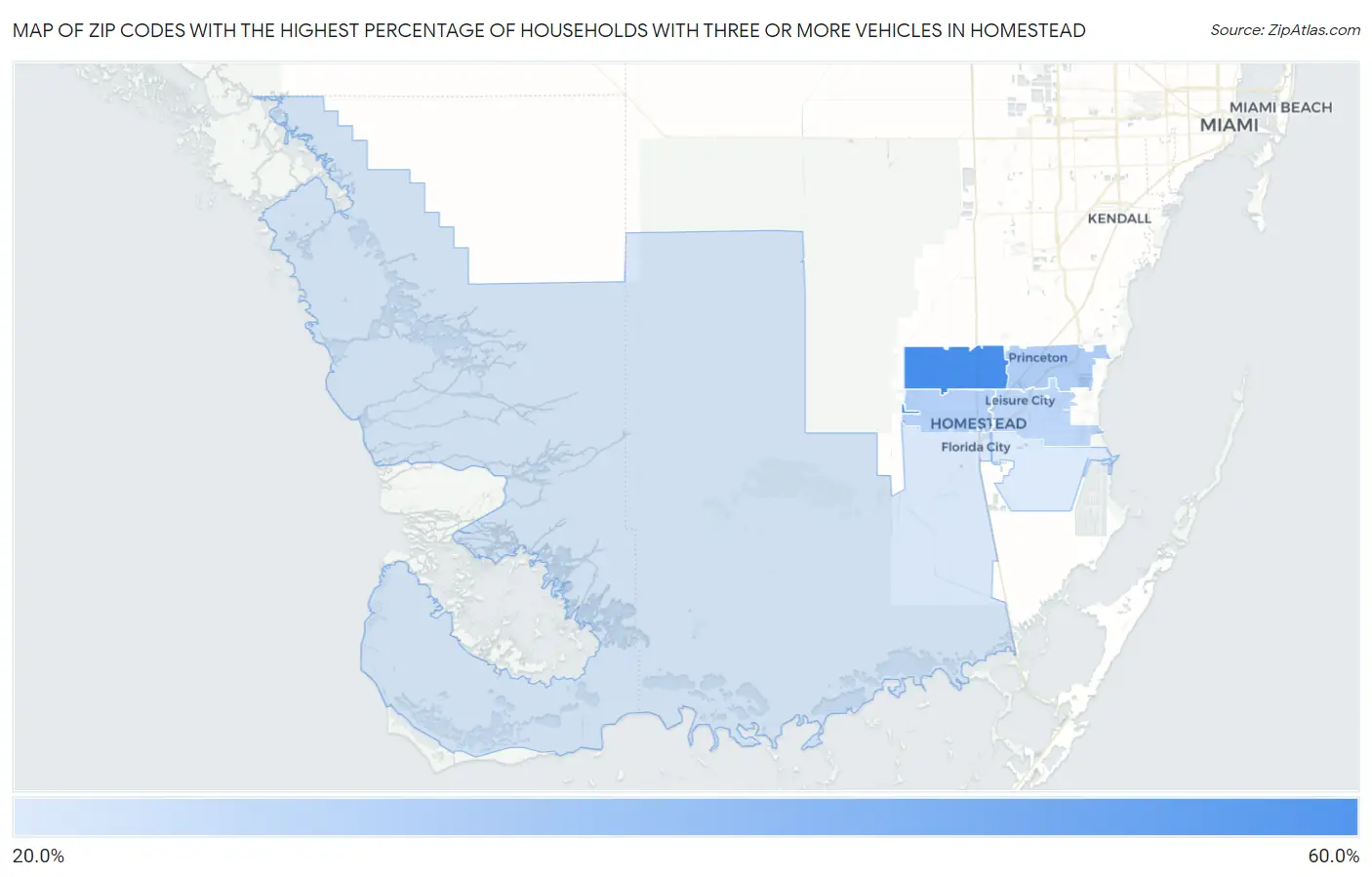 Zip Codes with the Highest Percentage of Households With Three or more Vehicles in Homestead Map