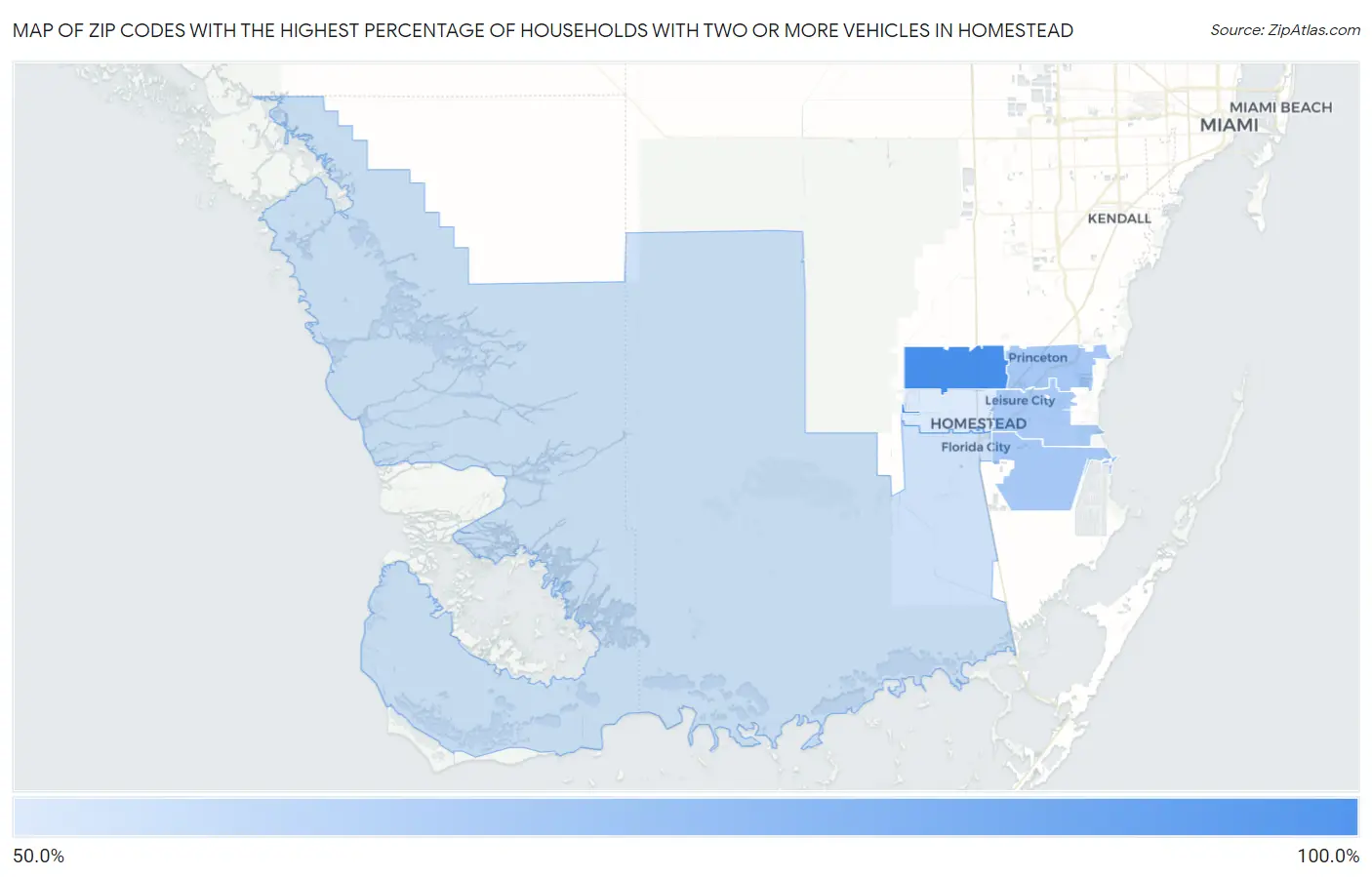 Zip Codes with the Highest Percentage of Households With Two or more Vehicles in Homestead Map