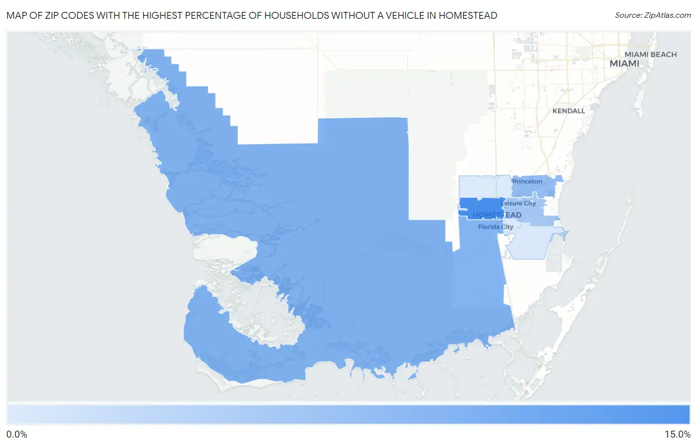 Zip Codes with the Highest Percentage of Households Without a Vehicle in Homestead Map