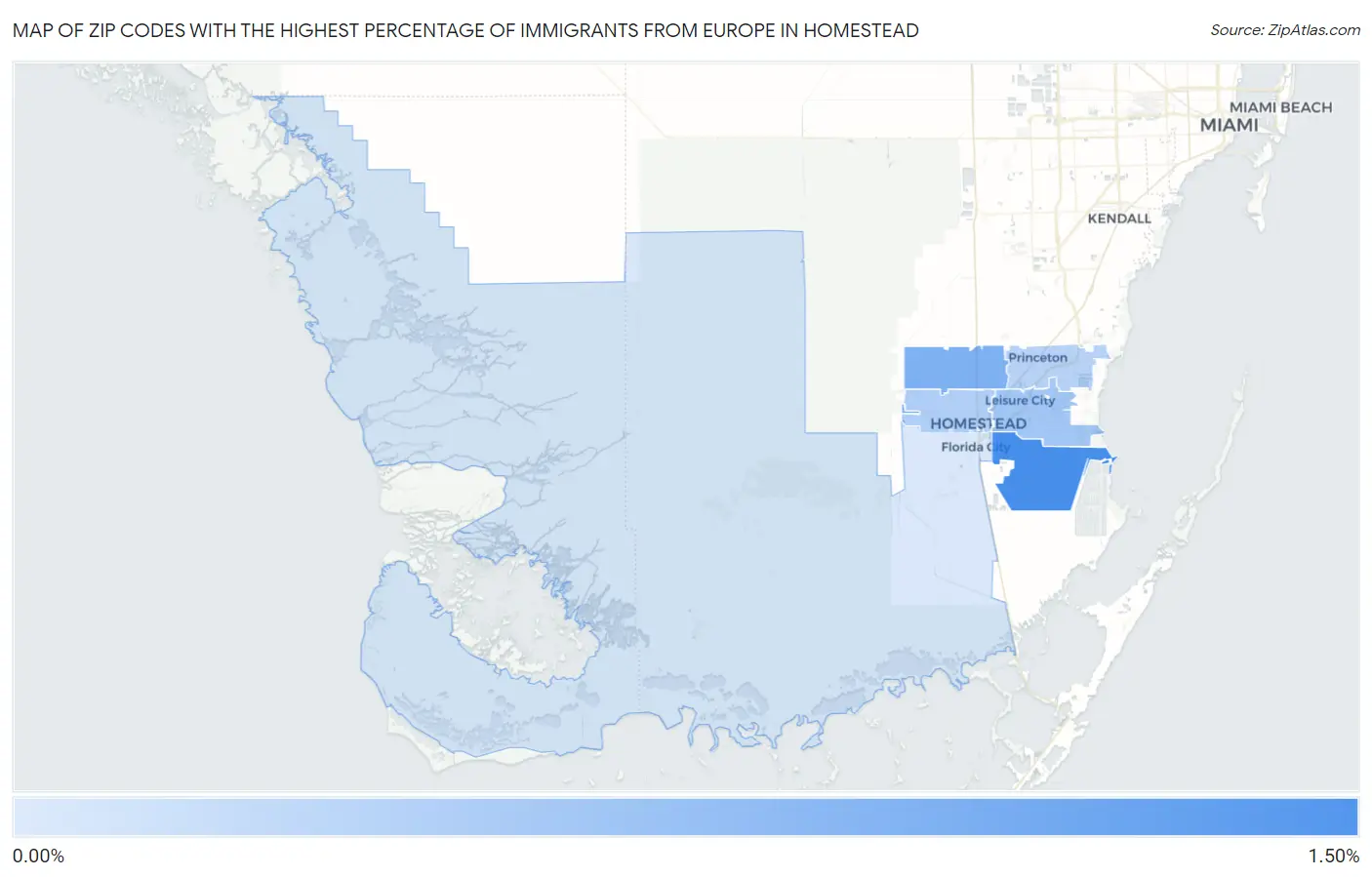 Zip Codes with the Highest Percentage of Immigrants from Europe in Homestead Map