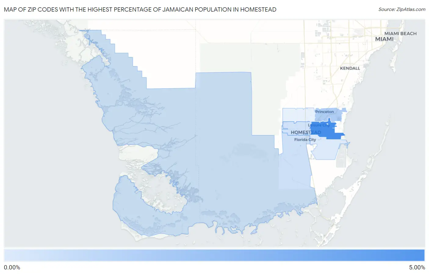 Zip Codes with the Highest Percentage of Jamaican Population in Homestead Map