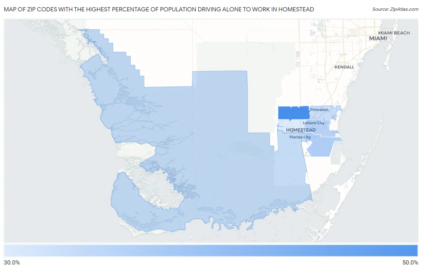 Zip Codes with the Highest Percentage of Population Driving Alone to Work in Homestead Map