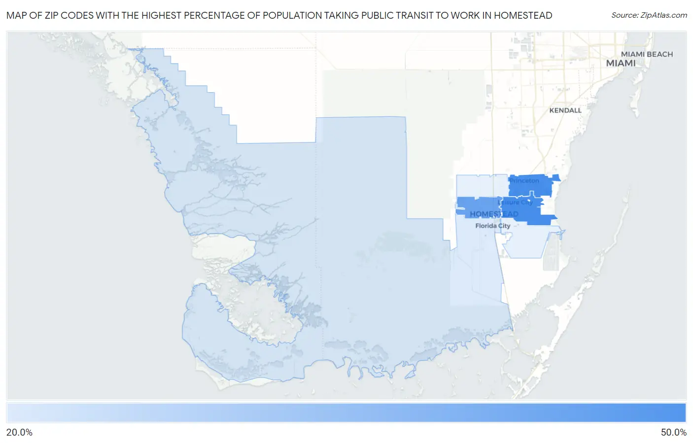 Zip Codes with the Highest Percentage of Population Taking Public Transit to Work in Homestead Map
