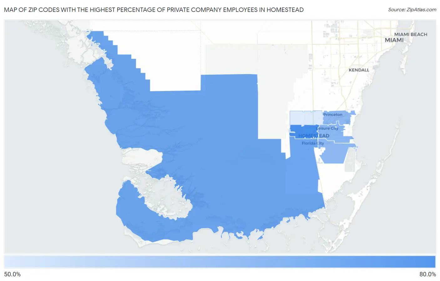 Zip Codes with the Highest Percentage of Private Company Employees in Homestead Map