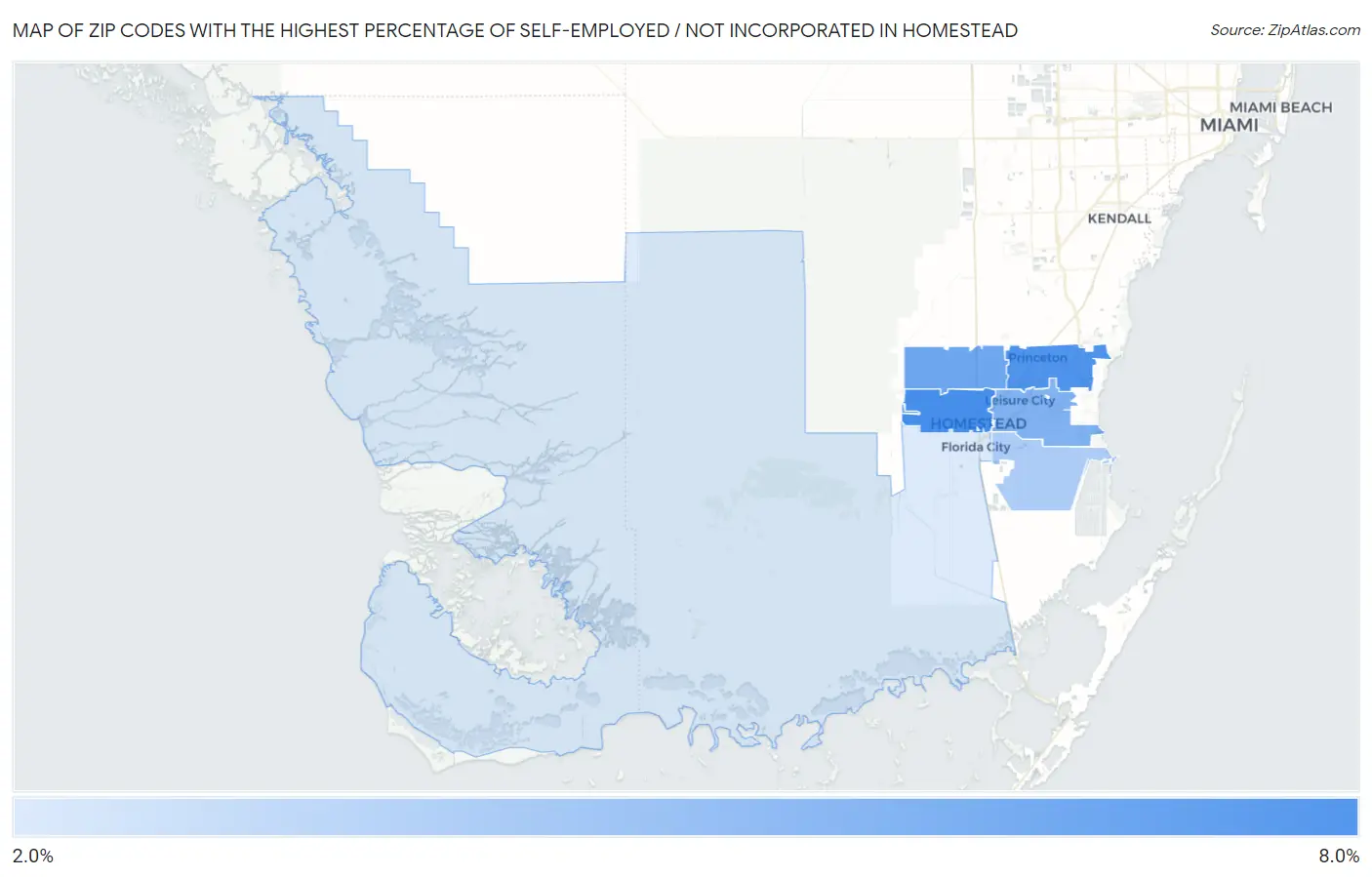 Zip Codes with the Highest Percentage of Self-Employed / Not Incorporated in Homestead Map