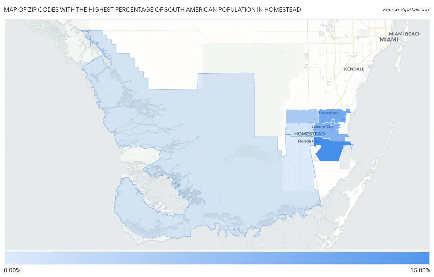 Zip Codes with the Highest Percentage of South American Population in Homestead Map