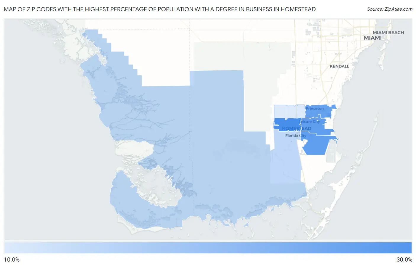 Zip Codes with the Highest Percentage of Population with a Degree in Business in Homestead Map
