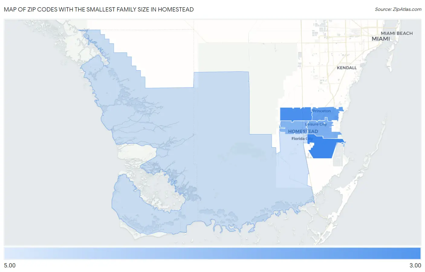 Zip Codes with the Smallest Family Size in Homestead Map